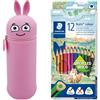 COLOP Astuccio MARKY con Design Emoji in Rosa, Silicone Morbido e Resistente, incl. 12 matite Colorate STAEDTLER Noris Color 187, Formato Triangolare ergonomico, in Legno Riciclato