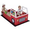 HOMASIS Sabbiera per Bambini in Legno, Sabbiera da Esterno a Forma di Autopompa con Panca, Sedile, Volante e Fodera, Gioco da Spiaggia per Cortile e Giardino, per Bambini 18+ Mesi, 156 x 80 x 70 cm