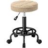 HOMCOM Sgabello rotondo girevole con ruote Altezza regolabile 50-66 cm Seduta imbottita in tessuto di pile per saloni officine Spa Massaggi Marrone chiaro