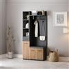 MURUL Appendiabiti compatto, 80 x 35 x 175 cm, con 2 ganci appendiabiti, per ingresso, appendiabiti con scarpiera, armadietto imbottito, colore nero e legno, beige e naturale