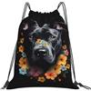 Generic Zaino con Coulisse Black Dog with Florals Borsa con Coulisse Leggero Sacca da Palestra Resistente Drawstring Backpack per Viaggi Spiaggia Scuola