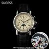 Sugess Orologio da uomo ST1908 Movimento al collo di cigno Cronografo meccanico Orologio da polso con fasi lunari genuini Calendario in pelle vintage NUOVO 2023