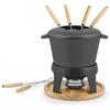 H&H Servizio Fonduta 11 Pezzi in Ghisa Smaltata Nera con Base in Legno Chiaro - Completo di Casseruola, Piedistallo, Forchettine e Fornello a Pasta Combustibile