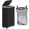 iEGrow Cesto Portabiancheria 75L con Coperchio, Cesto Biancheria Sporca con Ruote e Manico di Bambù, Cesta Panni Sporchi con Borsa Interna Rimovibile e Lavabile per Bagno Camera (Nero)