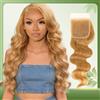 Volvetwig Honey Blonde 4X4 Closure Human Hair Body Wave Color #27 Golden Blonde Wavy Free Part Melt 4X4 Trasparente Closure 12A 100% Virgin Remy Real Human Hair Pre Plucked with Babyhair 12 pollici