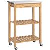 HOMCOM Carrello Cucina in Bambù con Piano in Acciaio Inox Cassetto Naturale | Carrellino Cucina Salvaspazio, Mensole a Doghe, Carrello Portafrutta e Verdure, per Soggiorno Salotto