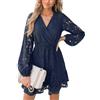 CUPSHE Abito da donna casual, mini, con scollo a V, in pizzo, a maniche lunghe trasparenti, corto, per l'autunno, Blu, M