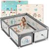 JUPPLIES Box Bambini 120×120 cm - Recinto Gioco per Neonato 6-24 Mesi, Rete Traspirante 360°, Struttura Antiscivolo e Robusta, Facile da Montare (Grigio XL con fantasia + tappeto)