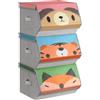 SONGMICS Organizzatori per Bambini, 3 Scatole Portaoggetti Impilabili, Scatole Pieghevoli con Manici, Coperchio Magnetico, Tema di Orso Tigre Volpe, Rosa, Blu, Verde e Grigio RFB760P03