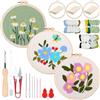 Woohome Punch Needle Starter Kit, Kit di Ricamo per Aghi da Punzonatura con Istruzioni, Cerchio di Plastica, Filati e Penna per Aghi conImpugnatura da Ricamo (Fiori Bianchi, Blu e Viola)
