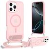 Jrkvniv Cover Magnetica per iPhone 16 Pro Max 6,9 Pollic con Cordino [Supporto integrato] Custodia con Laccio Tracolla Regolabile Collana, Protezione Antiurto Militare Case Traslucida Opaca, Rosa