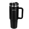 AKTIVE Bicchiere termico in acciaio inossidabile, 1,2 l, nero, misura 15 x 10 x 27 cm, tappo ermetico anti-perdite, incorpora cannuccia, manico ergonomico, senza BPA, base antiscivolo, bottiglie