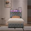 MIOOSUT Letto singolo 90x200 baule idraulico testa imbottita LED USB velluto grigio | Cassapanca imbottita testa con illuminazione LED e USB, per piccoli appartamenti, studenti, adulti senza materassi