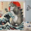 ASDCXZ Tenda da Doccia Giapponese con Gatto 150x180 cm, Divertente Giappone Anime Gatto Sole Onda Bambini Impermeabile Tenda da Bagno Poliestere Tessuto Lavabile Tende Doccia per Vasca con 10 Ganci