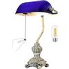 Newrays Lampada da scrivania retrò in vetro blu per ufficio domestico, biblioteca con interruttore a catena e presa di corrente, lampadina LED inclusa