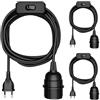 ledscom.de 3 cavi tessili LEKA, spina, interruttore, neri, 3 m, attacco lampada, 1x E27 max. 60 W