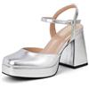 GENSHUO Scarpe con Plateau Donna Punta Quadrata 10 cm Tacco a Blocco Sandali con Cinturino alla Caviglia, Argento, 41 EU