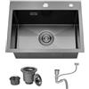 Bokaiya Lavandino Cucina Nero, 55 x 45 cm, Lavello Cucina 1 Vasca in Acciaio Inox, Lavello da Esterno per Camper con Set di Drenaggio e 2 Fori di Preforato, Installazione a Sopratop o Filotop