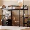 YuQozii Letto a soppalco, 90 x 200 cm, senza materasso, letto con scrivania, con presa e USB, più ripiani, armadio aperto, ringhiera, scala, telaio in ferro (nero)