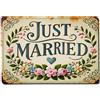 Ageksten Targa decorativa in metallo retrò con scritta Just Married a forma di cuore floreale, per bar, pub, casa, sala giochi, palestra, club, decorazione da parete, poster vintage in metallo, 20 x 30 cm