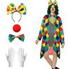 Maazusa Costume da clown da circo, da donna, per adulti, giacca scozzese, cravatta, fiocco, fascia per naso, guanti da circo, pagliaccio, travestimento per feste di Halloween