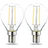 Amazon Basics lampadine a LED con attacco Edison E14piccole a forma di pallina da golf P45 da 2 W(equivalenti a 25W) con filamento in vetro trasparente non dimmerabili, Confezione da 12, Bianco Caldo