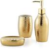 SATU BROWN Set di accessori da bagno dorati, 3 pezzi decorativi in ceramica con dispenser per sapone liquido, portaspazzolino/bicchiere e portasapone, set regalo dorato per nuova decorazione della casa