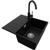 PRIMAGRAN Lavandino da Cucina Nero 55x50cm, Lavello in Granito a 1 vasca + Rubinetto 32x20cm + Set di accessori, Lavabo da Cucina Incasso al Mobile 40cm - Copenhagen Top S011
