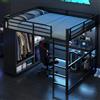 Lexiou Letto a soppalco da gioco in metallo da 160 x 200 cm, con LED, scrivania, armadio aperto e ripiani, nero
