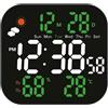 Momfin Grande orologio da parete digitale LCD con previsioni meteo, temperatura e umidità, grande orologio da parete digitale, luminosità regolabile, doppio allarme, alimentazione USB (verdeA)
