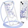 Niokfrci Cordino Cover per iPhone 14 / iPhone 13 6,1'', Aesthetic Viola Fiori Butterfly Motivo Disegno Magnetica Trasparente PC Compatibile con MagSafe Case Corda Laccio Antiurto Protettiva Custodia