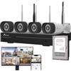NIVIAN Kit telecamere di sorveglianza professionali WiFi SuperHD con 4 telecamere IP e registratore con disco rigido da 500 GB 10 CH - per case e aziende - visione notturna, rilevamento umano IA
