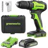 Greenworks Trapano avvitatore a batteria da 24 V, 35 Nm, motore senza spazzole, 18 livelli di coppia, mandrino da 13 mm, cambio a 2 marce, batteria da 2 Ah e caricatore, valigetta