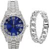 ZJchao Orologio D'Argento con Quadrante Blu Grande, Orologio Al Quarzo Lucido, Bracciale Calendario D'Argento con Diamanti di Lusso, Set di Bracciali in Acciaio