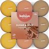 Bolsius - 18 Lumini Profumati - Zucchero e Spezie - Durata di Combustione di 3.5 Ore - Diametro 38 mm - Estratti Naturali - Contiene Cera Vegana - Senza Olio di Palma