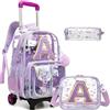 HTgroce Zaino Trolley Scuola Elementare Bambina Trasparente - Set 3 Pezzi con Borsa e Astuccio - Zainetto con Ruote 2-in-1 Ergonomico- Lettera Iniziale A