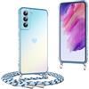 Knrlqim Cover con Cordino per Samsung Galaxy S21 FE（5G） 6.4,Custodia con Laccio Collana Tracolla Collo Corda Regolabile,Silicone Antiurto Case,Opaco con grazioso motivo a cuore placcato,blu