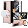 XKchatpt Custodia per Samsung Galaxy Z Fold 3 in Pelle PU con Supporto Girevole a 360°, Protezione per lo Schermo Temperata 9H, Ricarica Wireless, Antiurto e Anticaduta, Oro Rosa