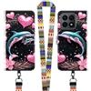 JEZSTHAI Cover Compatibile con Honor X8A Custodia in Pelle con Disegno di Cuore & Delfino,Portafoglio Pieghevoli Caso Cover con Cordino/Laccio Tracolla Cellulare