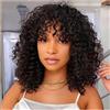 LINYANG Parrucca Capelli Umani Short Curly Bob Human Hair Wig with Bangs Parrucca Senza Colla Con Frangia Realizzata a Macchina 180 Densità Capelli Umani Vergini Brasiliani Nero Naturale 35cm
