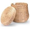 Decorasian Cesto portabiancheria intrecciato con coperchio, grande e rotondo, in giacinto d'acqua con manico, cesto portabiancheria in rattan con manico, 58 cm