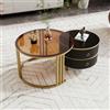 MURUL Tavolino rotondo in MDF 2 in 1, con 2 cassetti, tavolino da salotto e 1 piano in vetro temperato marrone (oro+nero)