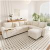 MSMOK Divano letto angolare XXL a forma di L, per 7 persone, estensibile, trasformabile, con funzione letto, braccioli, tavolino pieghevole, portabicchieri e 3 cuscini, beige