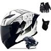 SONGDIQI Casco Modulare Moto, Integrale con Doppia Visiera Parasole, Omologato DOT/ECE per Uomo Donne(C8,M(55~56CM))