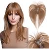 SEGOHAIR Topper per capelli da donna, capelli umani con frangia, copertura 360°, base cucita a mano, 7 x 11 cm, 14 g, marrone chiaro