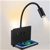 Strixorn Lampada da Parete per Comodino con Porta di Ricarica USB e Caricatore Wireless, Lampada da Lettura 3W + 9W 3000K, Faretto Regolabile Luce Ambientale per Camera da Letto(Nero)