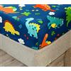 Chickwin Lenzuolo con Angoli Singolo 90x200cm, Lenzuola Letto Bambino con Motivo di Dinosauro - Lenzuolo Sotto con Angoli in Microfibra con Angolo Fino a 30 cm con Elastico, Dinosauro Blu
