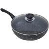 EURONOVITA' Padella Wok Nera saltapasta Vulcanica antiaderente rivestimento in pietra lavica con coperchio in vetro (24 Centimetri)