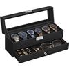 SONGMICS Scatola Porta Orologi, Custodia per Orologi con Coperchio in Vetro a 2 Livelli per 6 Orologi, Chiusura di Sicurezza, 1 Cassetto, per Anelli e Bracciali, Idea Regalo, Superficie in PU Nero e