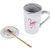 BESTonZON Set 1 Tazza da Caffè in Ceramica Stile Nordico con Motivo Fenicottero Rosa, Coperchio e Cucchiaio Dorato, Manico Grande e Resistente alla Corrosione, per Colazione e Compleanni